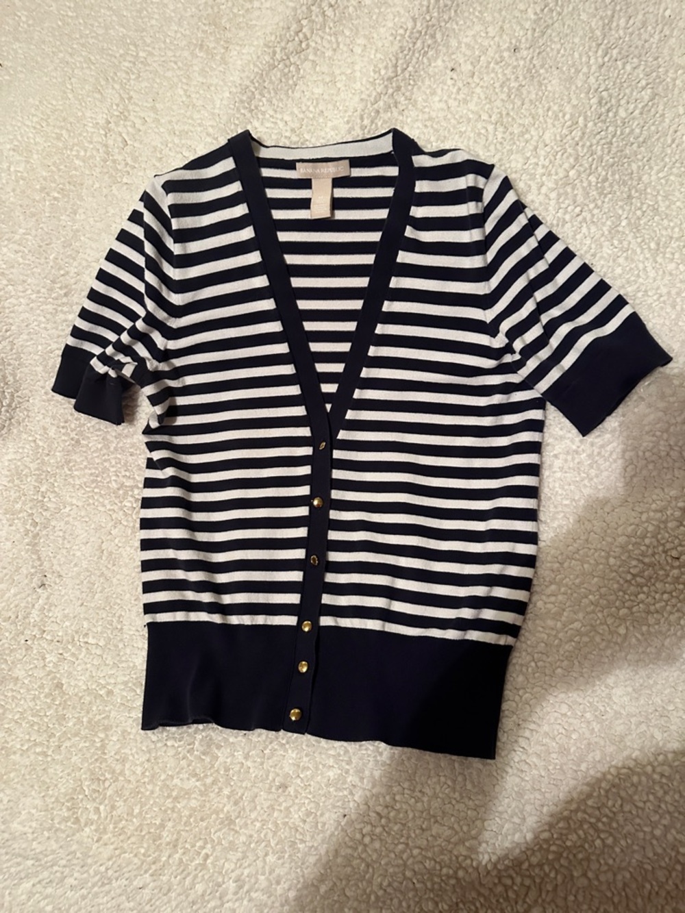 Banana Republic Navy and White Striped Short Sleeve Cardigan